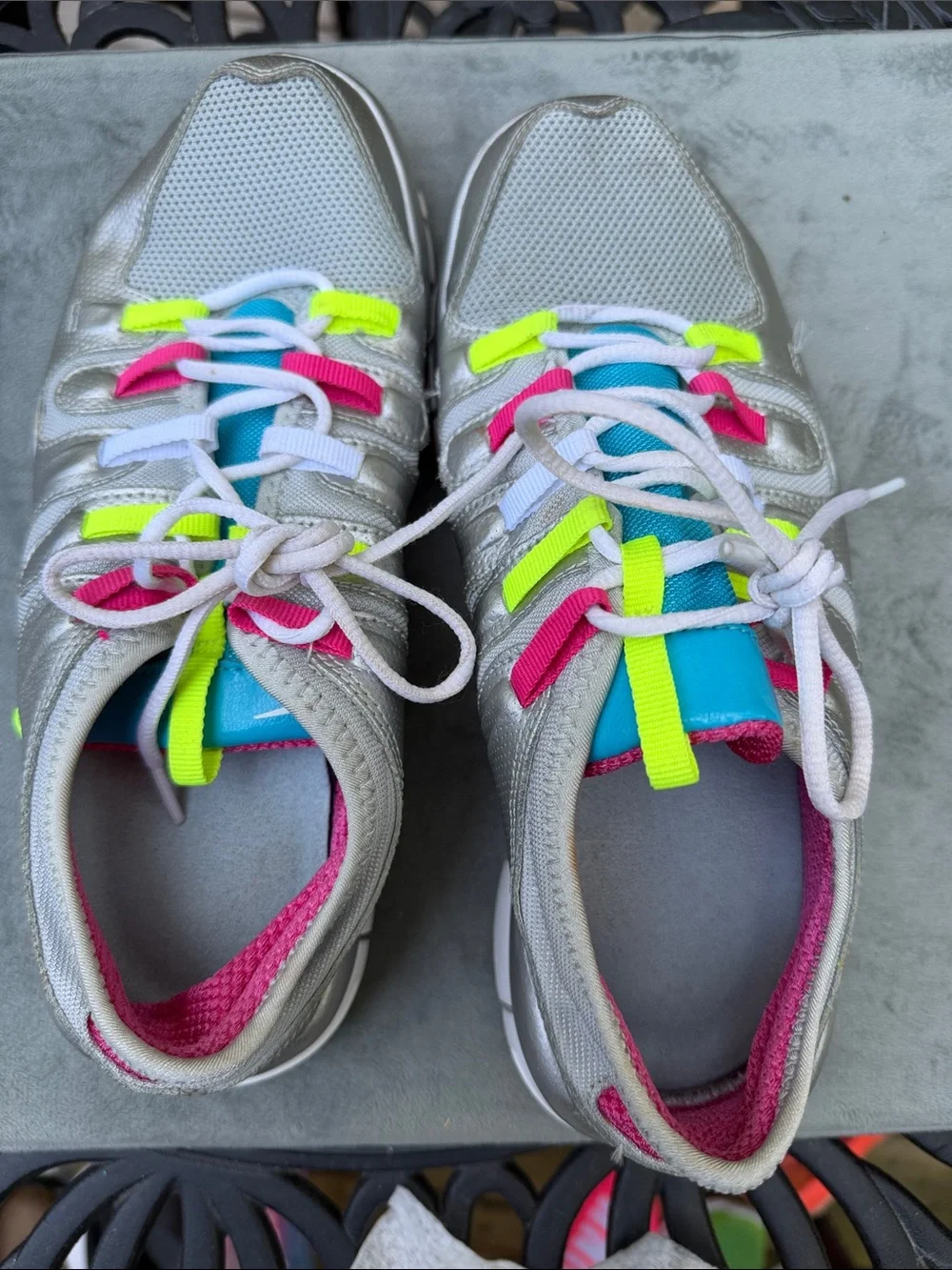 Nike Women's Silver Sneakers with Blue, Pink & Neon Yellow Accents